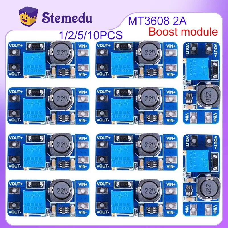 Konverter Step Up MT3608 2A Max DC-DC, modul catu daya Booster untuk Input Arduino 2-24V Output 5/9/12/28V DIY