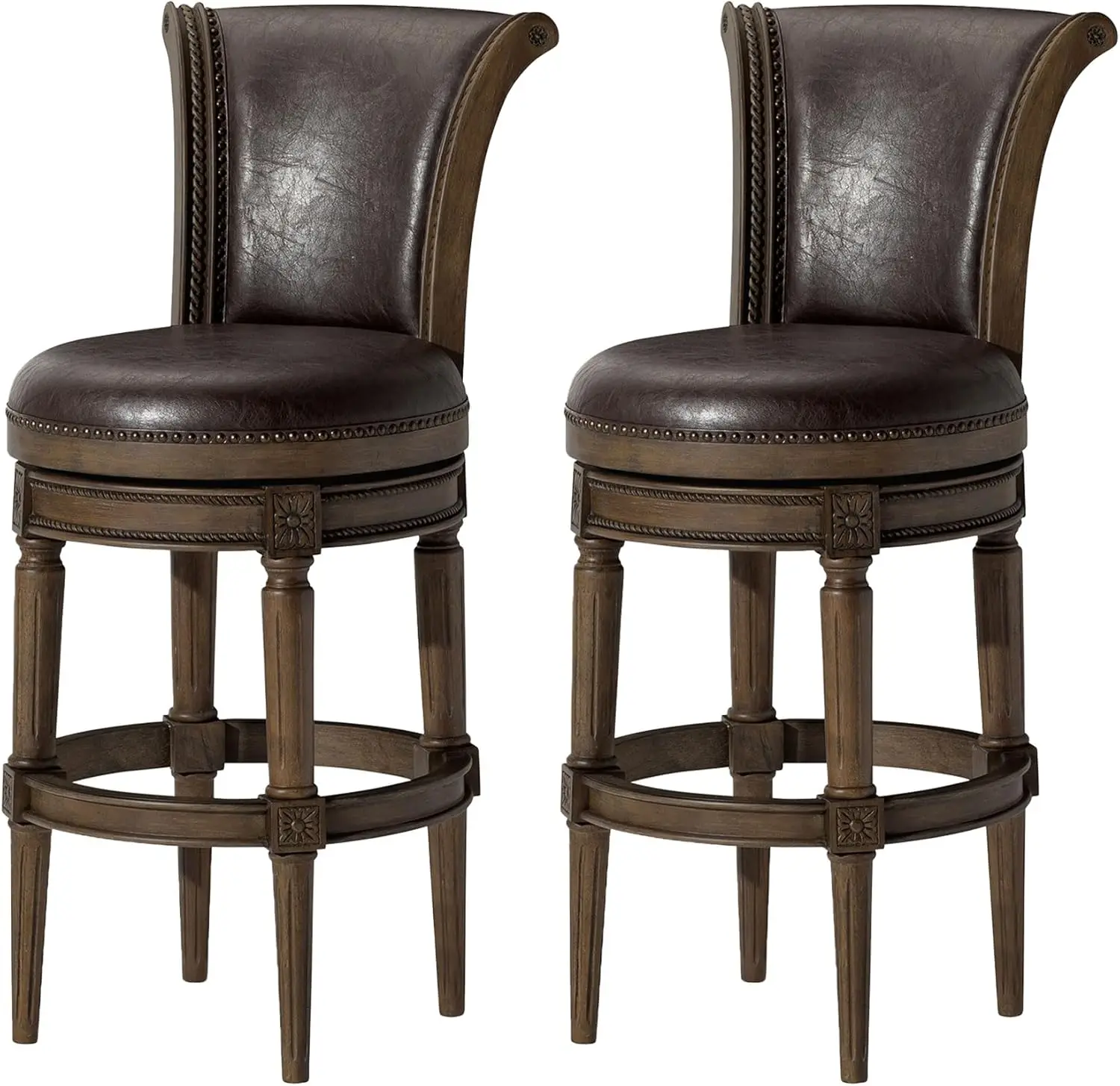 Maven Lane Pullman 31 Inch Tall Bar Height Upholstered Barstool With Back In Walnut Finish With Marksman Saddle Vegan Leather