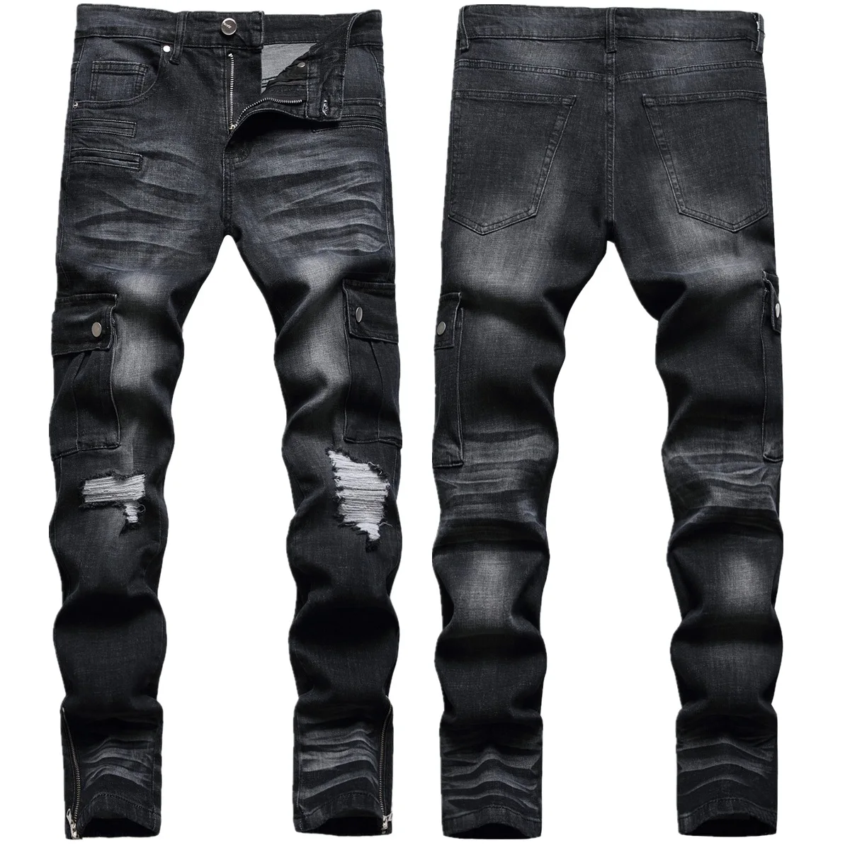 Hip hop style black cargo fashion pocket pants leg open zipper water pressure cat slim-fit stretch jeans