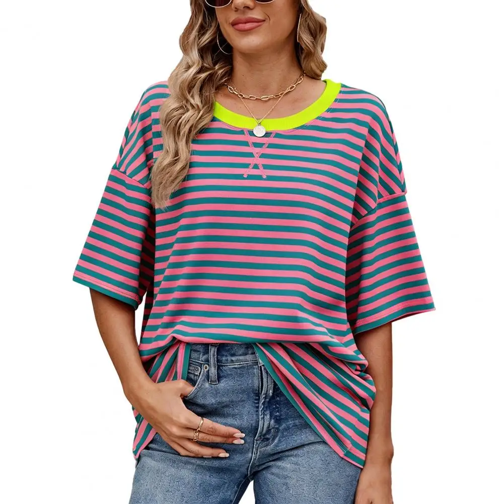 

Striped T-shirt Women’s Loose Fit T-shirt Striped Print Summer Tee Round Neck Short Sleeve Pullover Top with Elastic Fit Soft