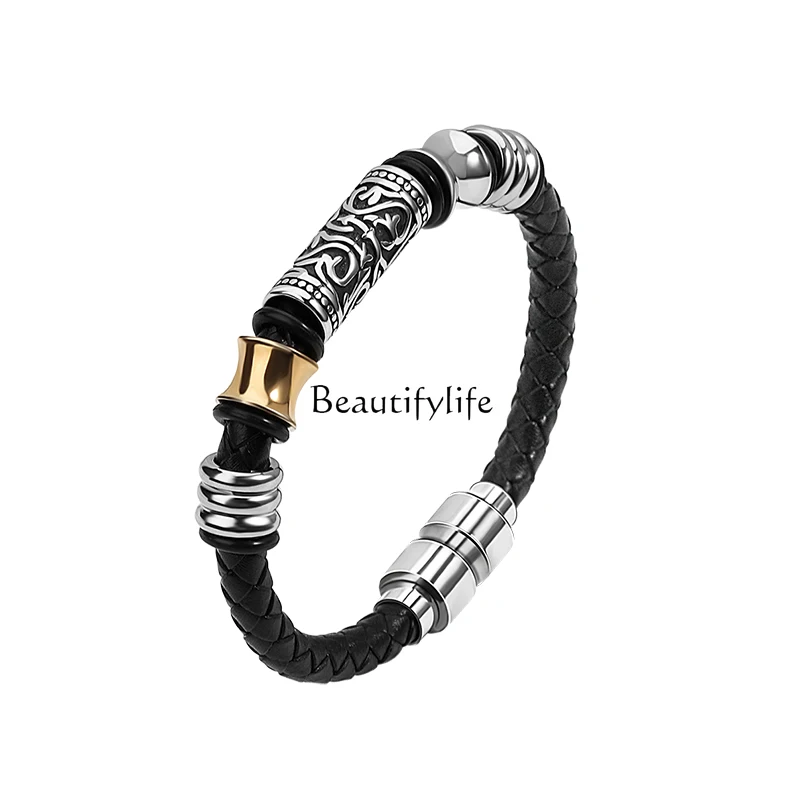 Leather Rope Woven Bracelet for Boys, High-Grade, Black, Light, Luxury, Minority, Hand Jewelry