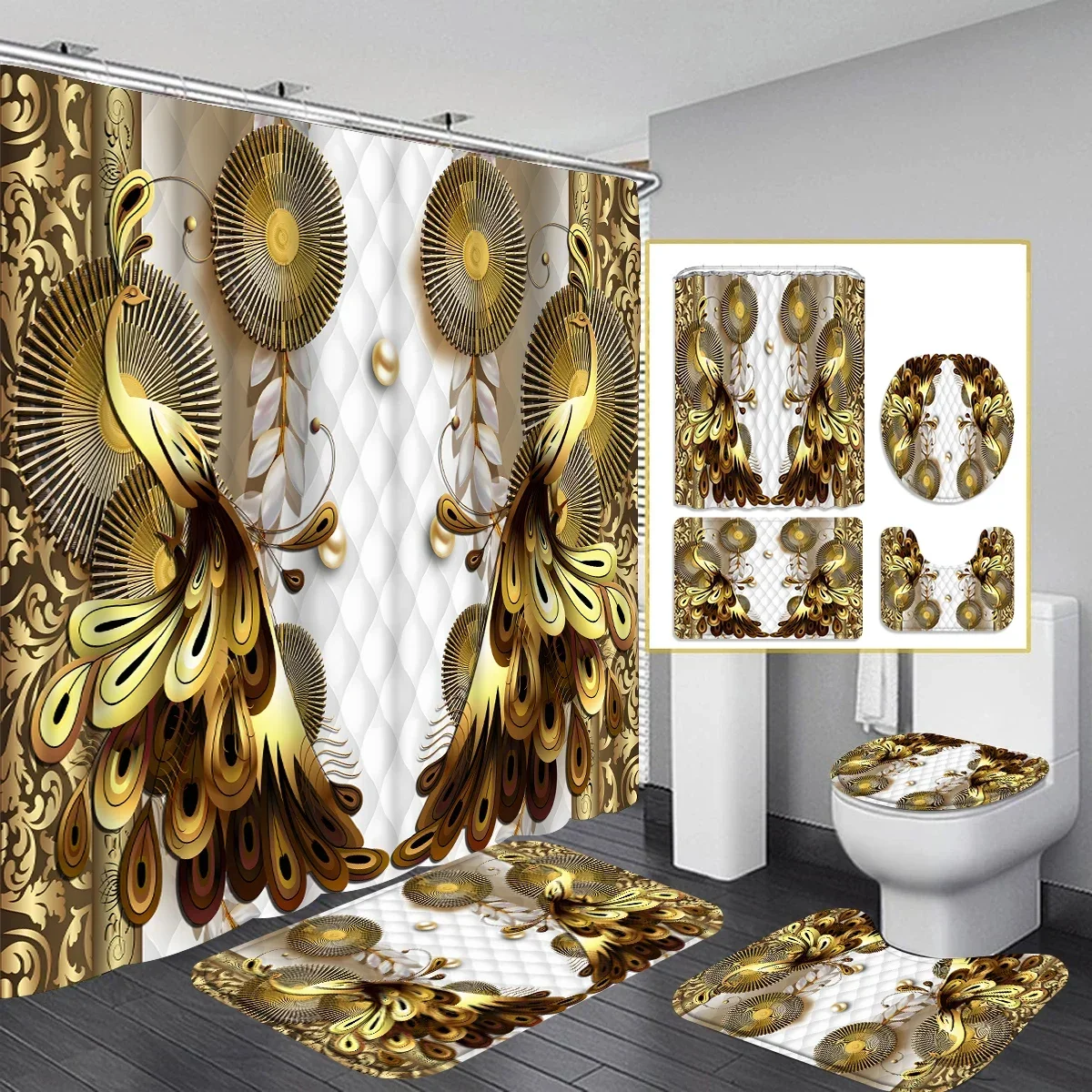 Luxury Peacock Bathroom Set 4 Piece Set, Waterproof Gold Shower Curtain + Floor Mat + Toilet Seat Cover, Modern Home Decor