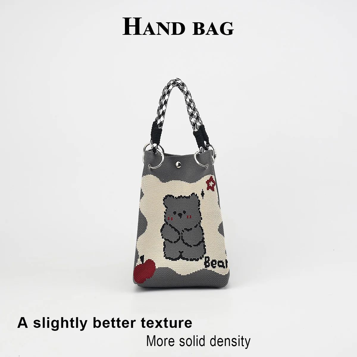 Women's casual handbag, cute cartoon design, detachable circular buckle handle, mixed-color rope handle, easy and quick to close, suitable for commuting, shopping, traveling, and outings, can hold a mobile phone, water