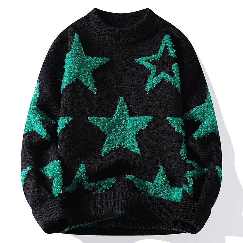 Men's White Pullover Star Design Round Neck Knitwear Soft Comfortable Oversized Autumn Winter Casual Pullover for Male