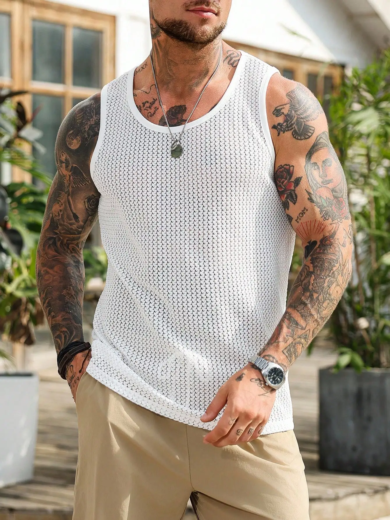Men's White Mesh Knit Tank Top, Crew Neck, Loose Fit, Summer Casual Wear