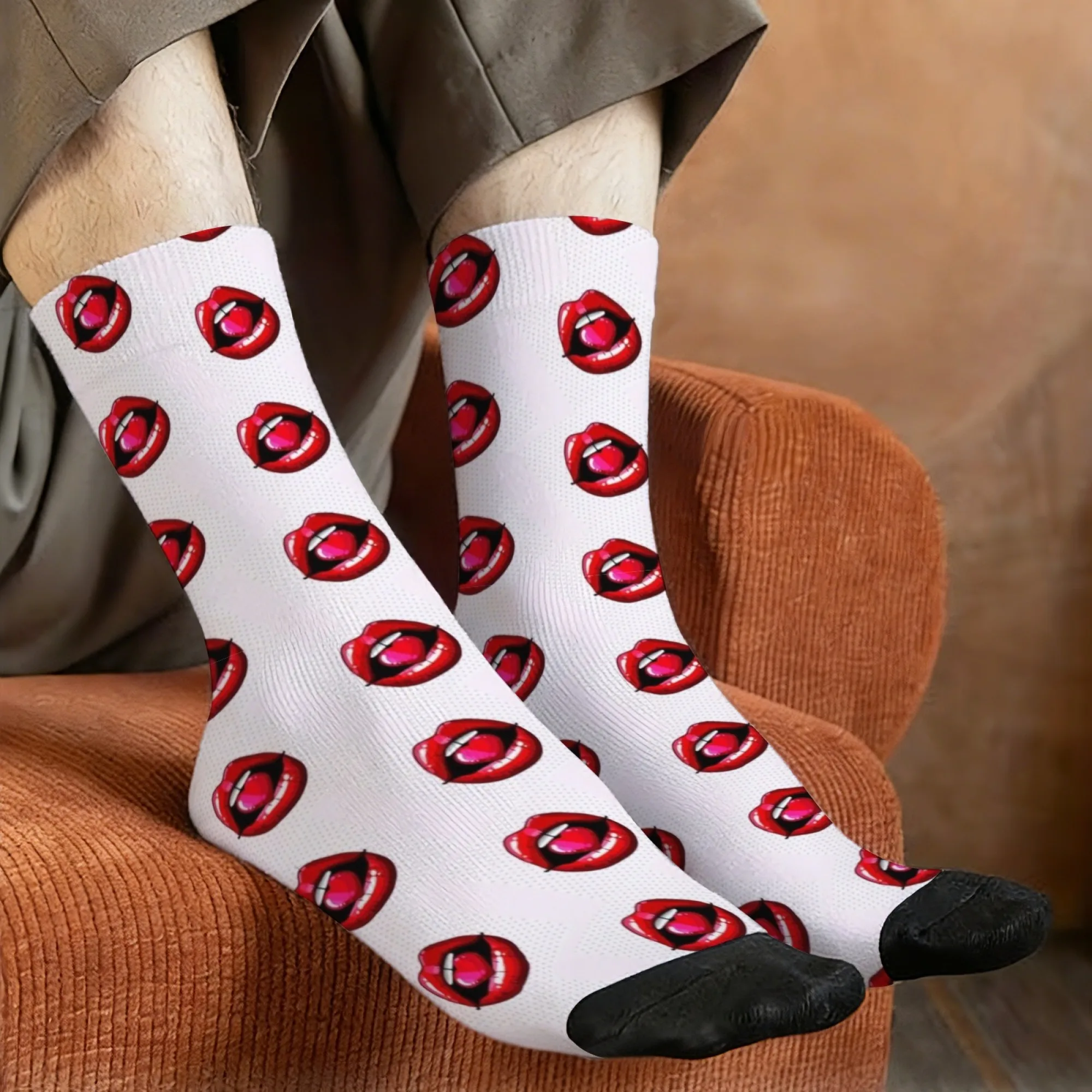 American retro sexy red lip print mid-calf socks, novel street style, trendy and hot casual socks, perfect for crazy parties.