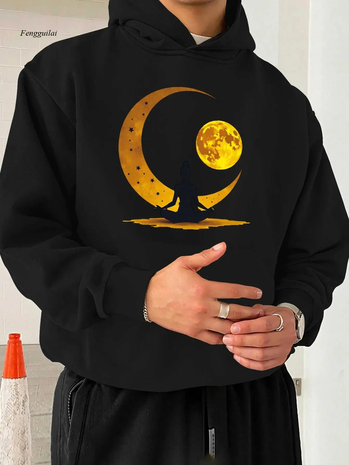 Hooded Sweatshirt | Meditation Pattern with Moon Print, Casual Loose Fit, Long Sleeve, Non-Stretch Fabric