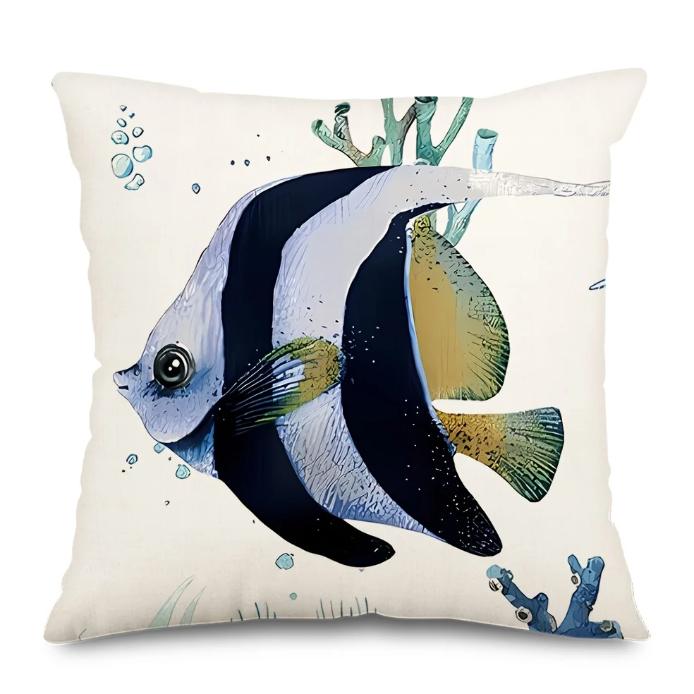Cream Pillow Cover Watercolor Angelfish with Blue Coral and Bubbles 18x18 Inch Square Decor Cushion cover