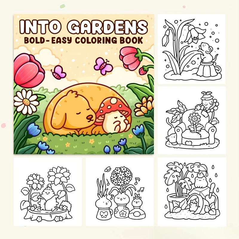 Into Gardens Bold Easy Coloring Book 24 Big Pages Floral Scenes for Adults Stress Relief Relaxation Gift