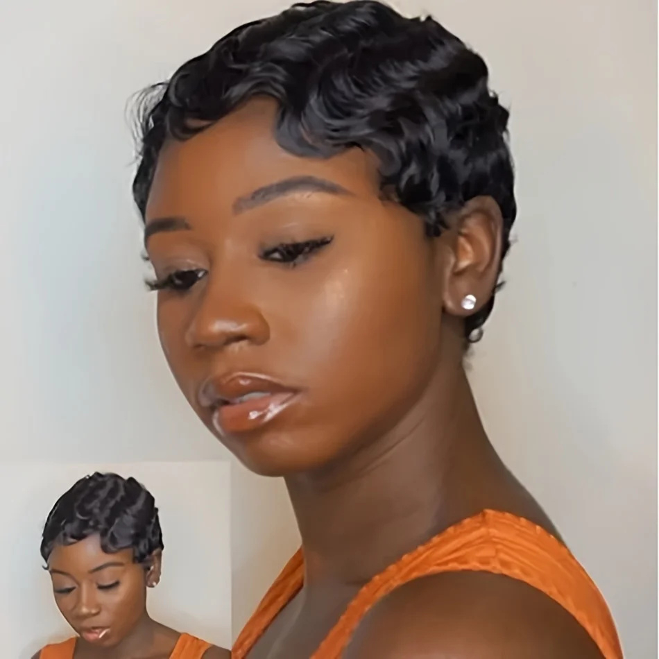 short pixie cut wave human hair finger wave for women full machine made  human hair wig