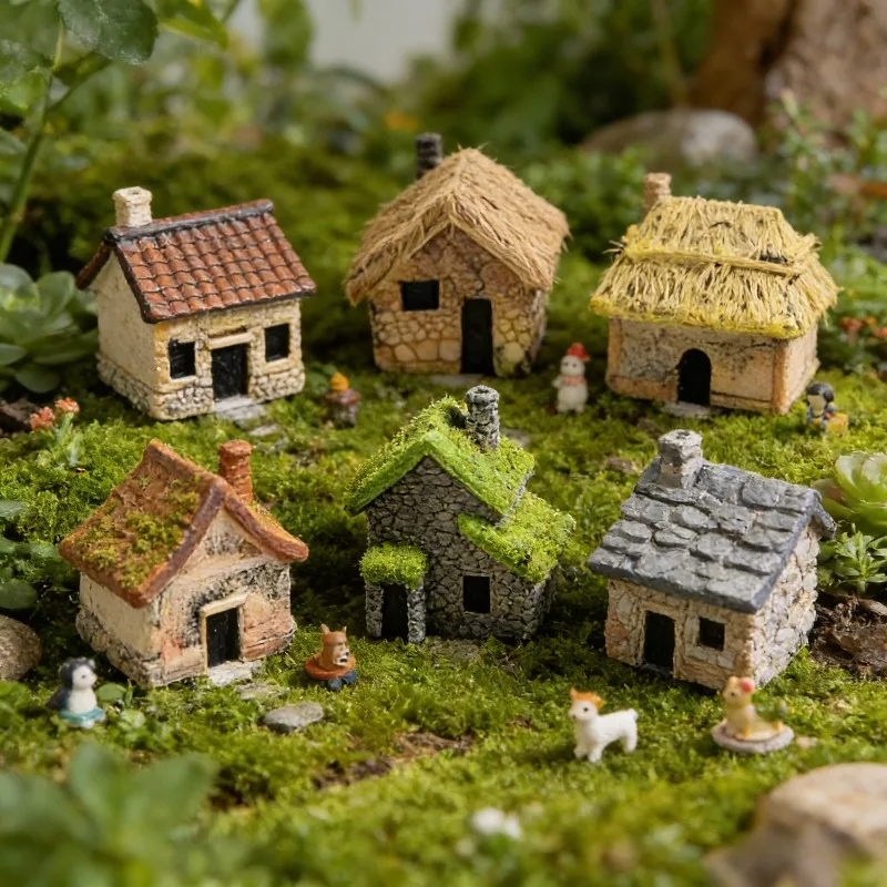 5pcs Resin Miniature Hand-Made House Set Outdoor Garden Bonsai Miniature Landscapes Collectible Small Scaled Structures