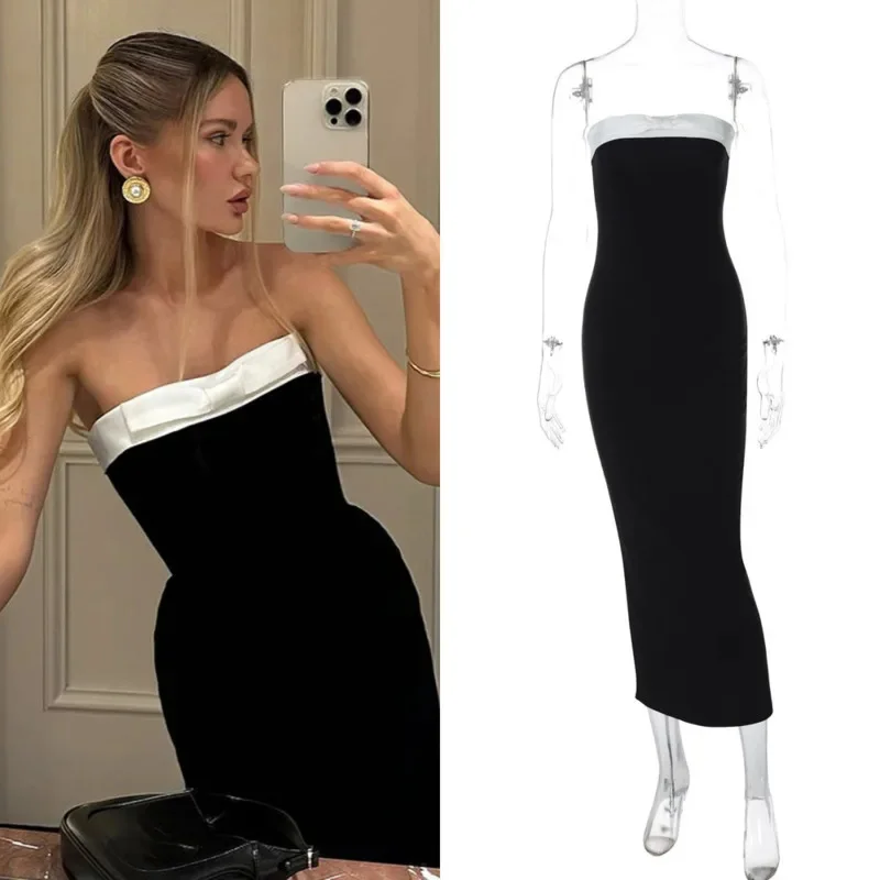 

Sexy Strapless Black And White Color Blocked Dress Elegant Fitted Slit Dress Spring Summer New Arrivals: Stylish Women's Fashion