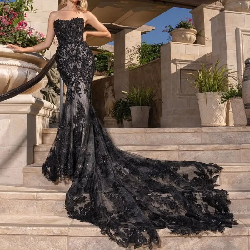 Shiny black Appliques Wedding Dresses off-shoulder Flower decal Fishtail Skirt Bridal  tail Gowns Made Customized