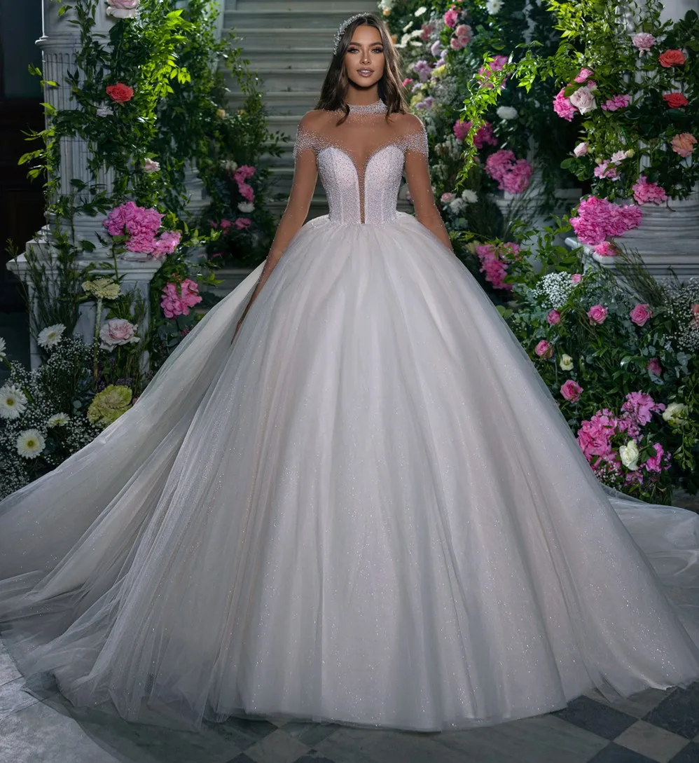 

Vintage Illusion High Neck Ball Gown Wedding Dress Beading Pearls Neck Illusion Full Sleeves Tulle Bride Bridal Gowns Vestidos