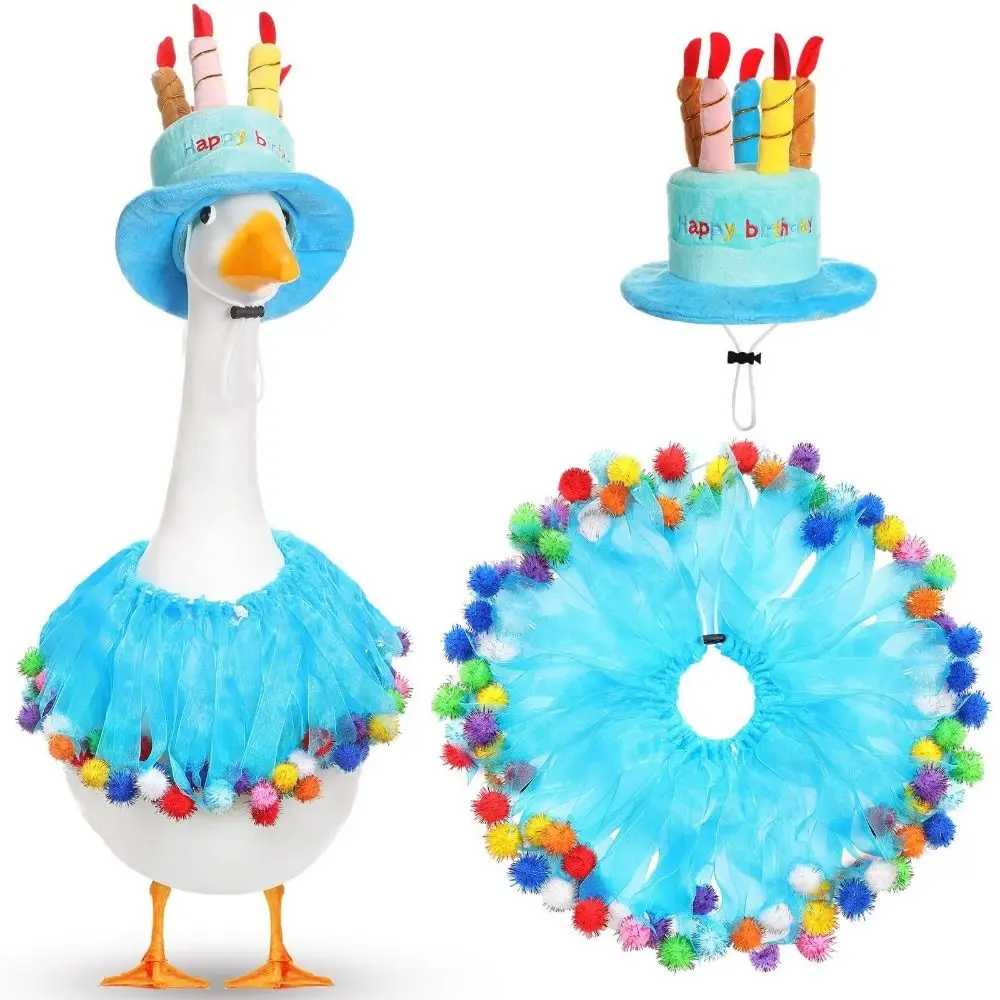 2Pcs/Set Hat and Tutu Collar Birthday Party Goose Outfit Colorful Pom-Pom Elastic Waist Goose Clothes Happy Birthday Decorative