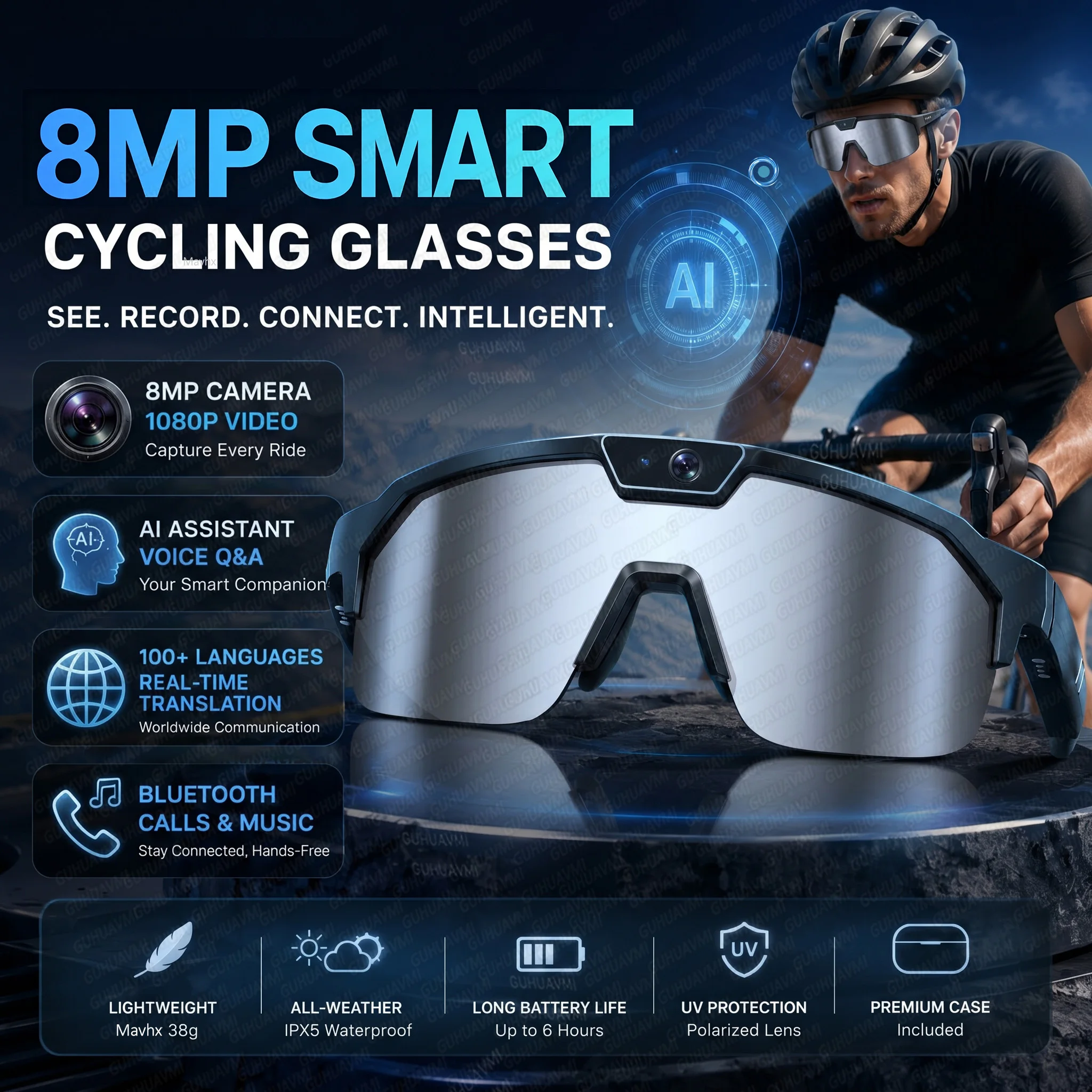 

New AI Smart Cycling Glasses Men With 800W Pixel HD Anti-shake Camera ChatGPT 1080P Video Recording Translation Sports Goggles
