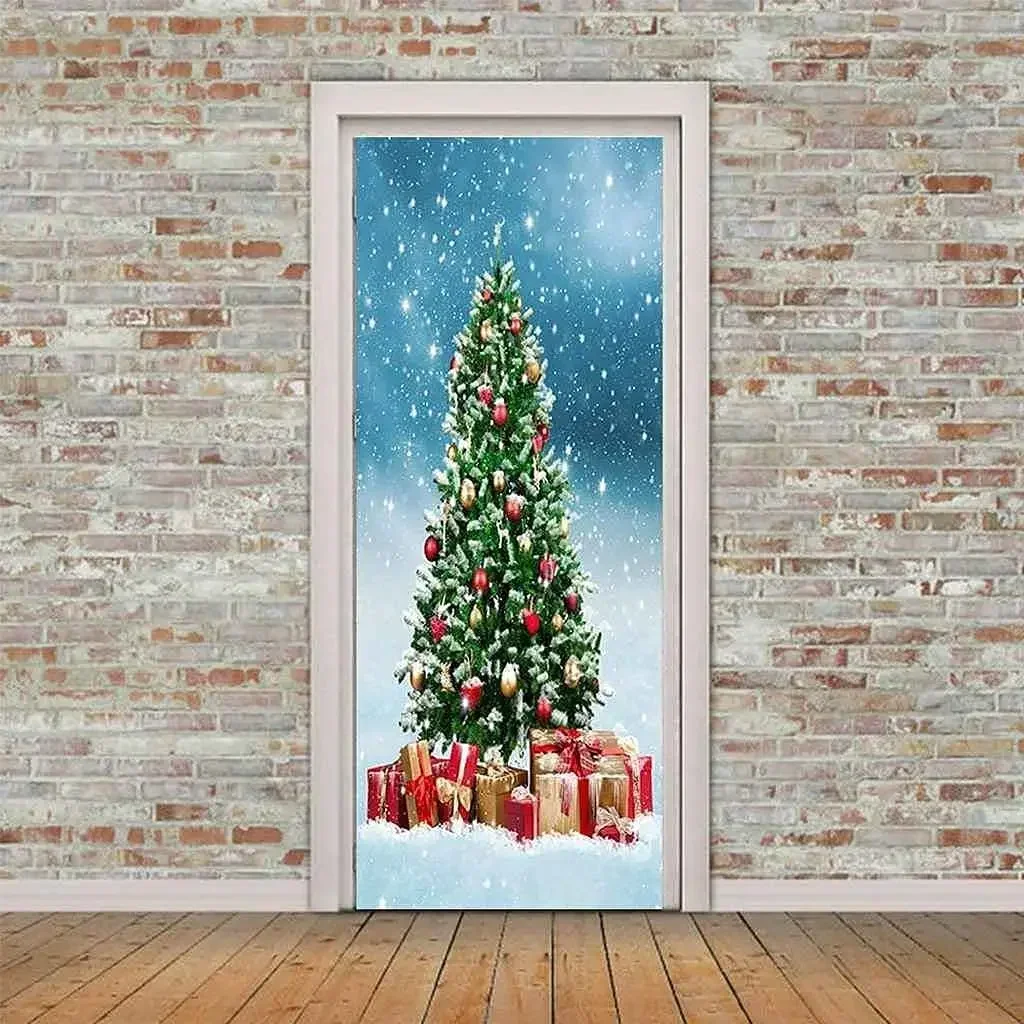 Merry Christmas Door Sticker Xmas Theme  Decal Removable Happy New Year Mural Poster Wallpaper Living Room Bedroom Decor3D