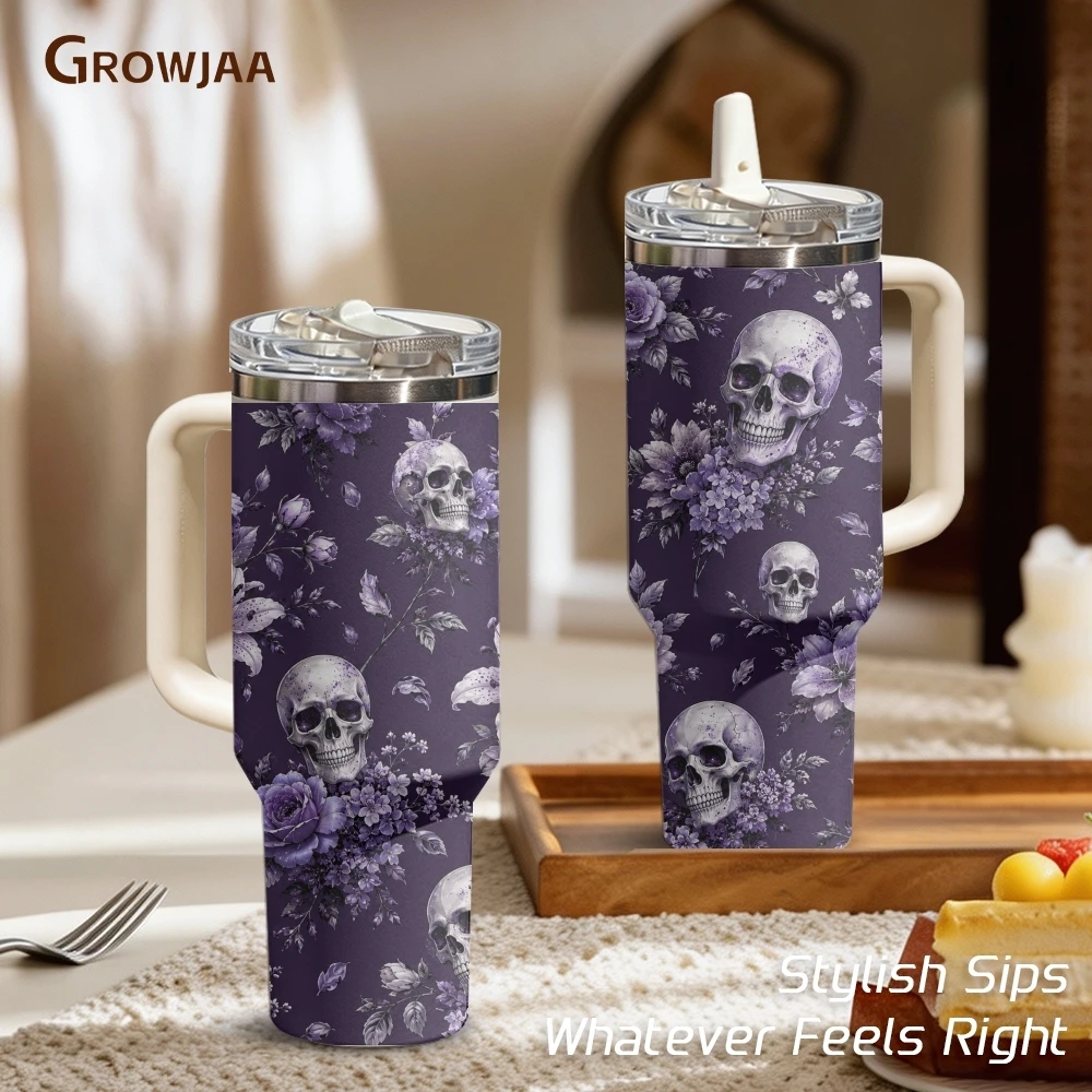 Purple Skull Floral Gothic Vacuum Flasks 40oz 3rd Gen Vacuum Insulated Stainless Steel Tumbler Cup With Handle Straw Lid