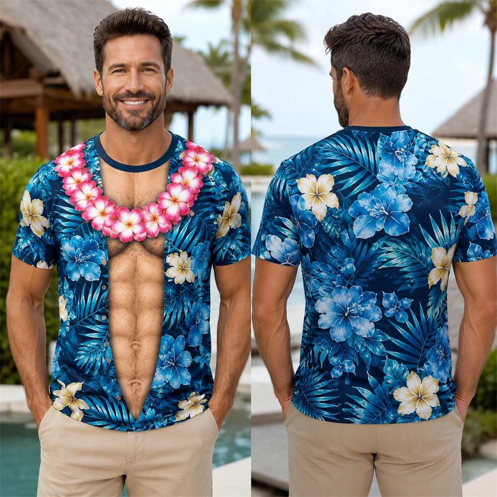 Men's 3D Fake Open Shirt T Shirt Tropical Floral Print Muscle Chest Abs Illusion Short Sleeve Hawaiian Tee Beach Party Summer