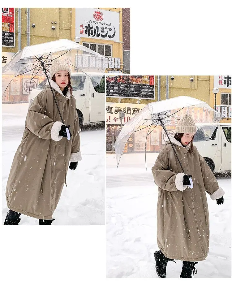 Lamb wool Cotton Jacket Women's Korea Loose 2026 New Winter Plus velvet Snow Parkas Warm Hooded Coat Casual Female Long Overcoat