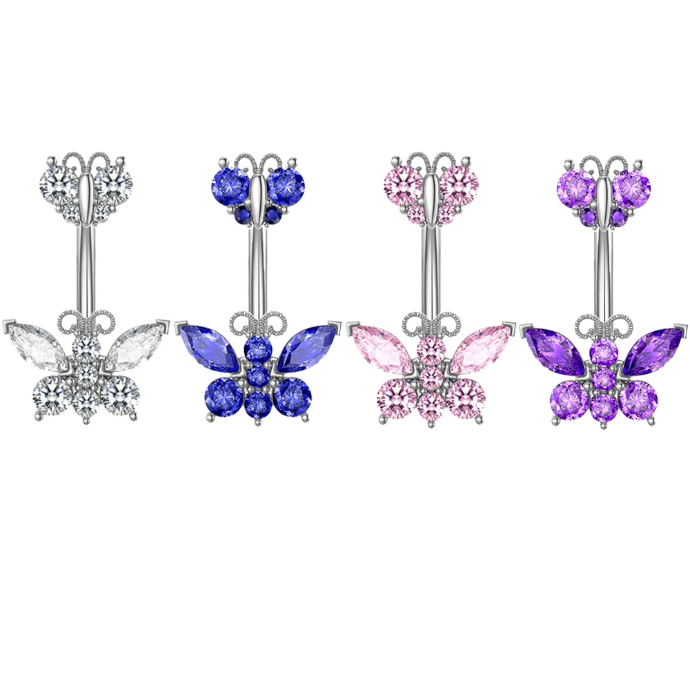 Trendy Water Droplets Zircon Belly Button Rings Piercing Nombril for Women Girl 14G Stainless Steel Butterfly Dangled Navel Ring