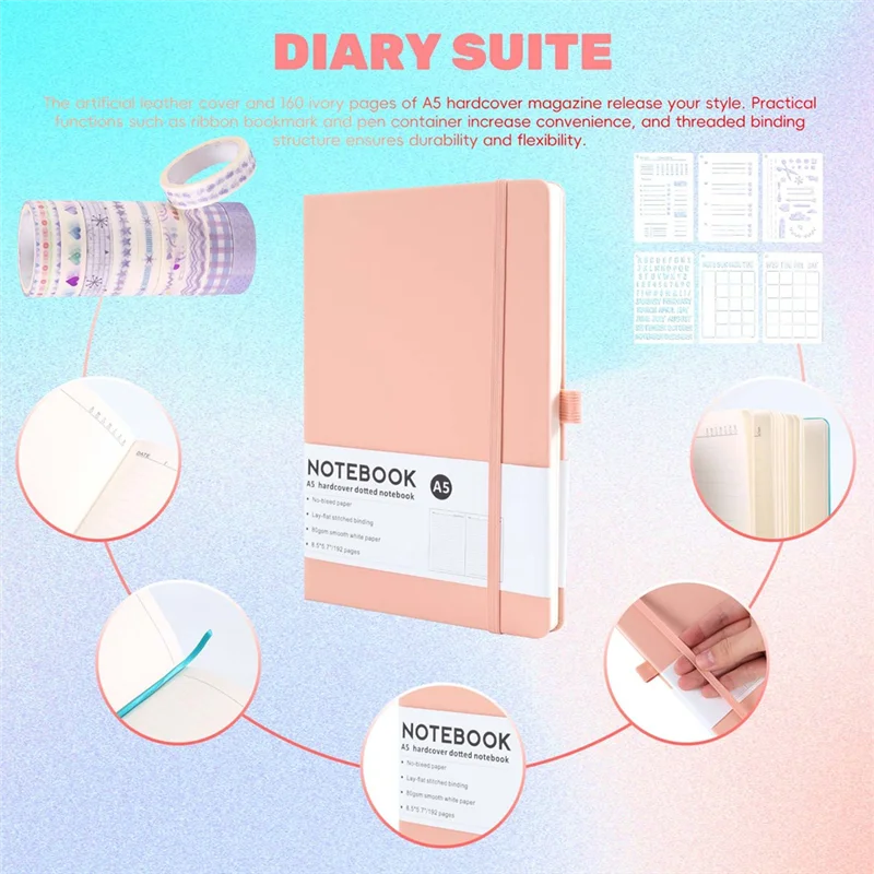 

HJ-Dotted Journal Kit,A5 Hardcover Dotted Journal Notebook Numbered Pages,Dotted Journaling Kit For Beginner