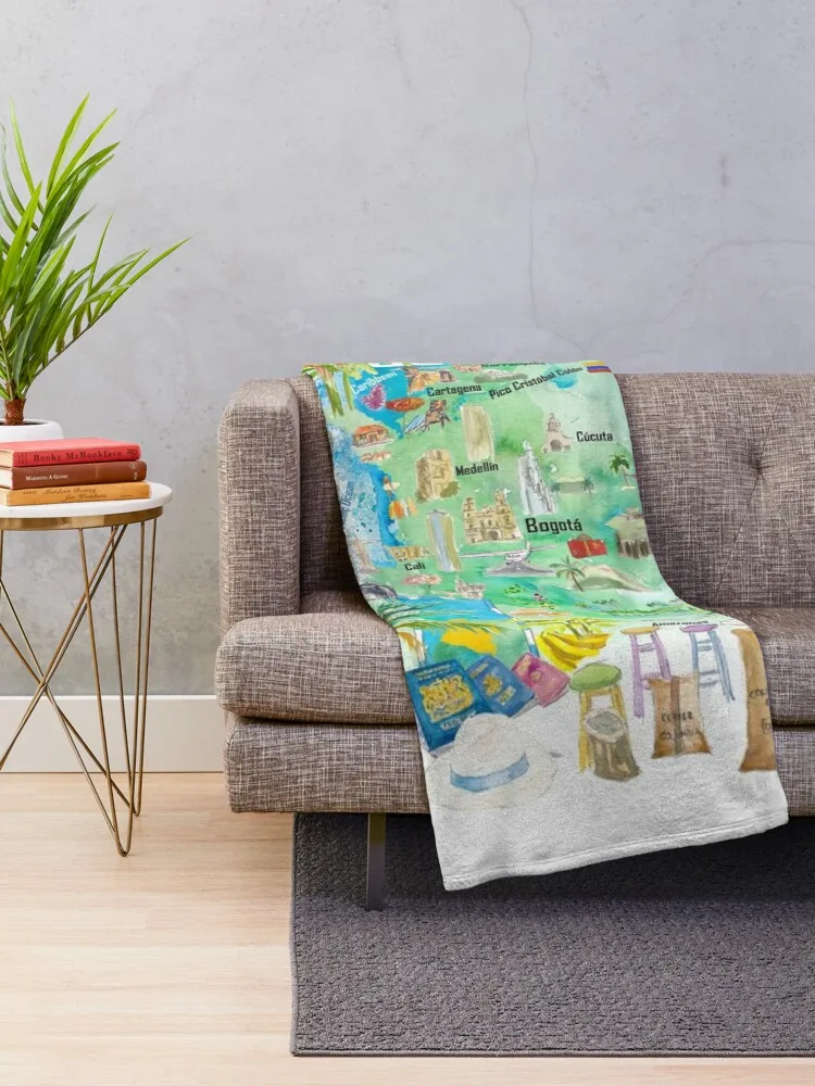 Colombia Illustrated Travel Map With Tourist Attractions And Highlights Throw Blanket Hairy Sofa Throw Shaggy Blankets