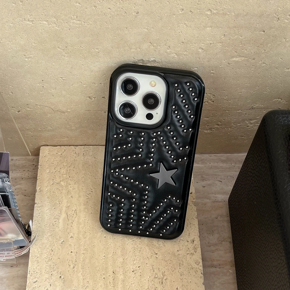 Modische Handyhülle mit silbernen Nieten und fünfzackigem Stern aus Leder, stoßfest, für iPhone 18 17 16 15 14 Pro Max 13, Schutzhülle – Detail 4