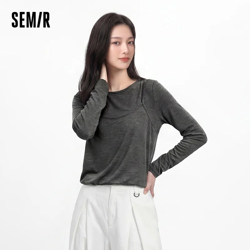 Semir Women Tshirt Long Sleeve Short Faux Two Piece Bubble Hem Slim Solid Sweet Casual Autumn Top Daily Wear 2026