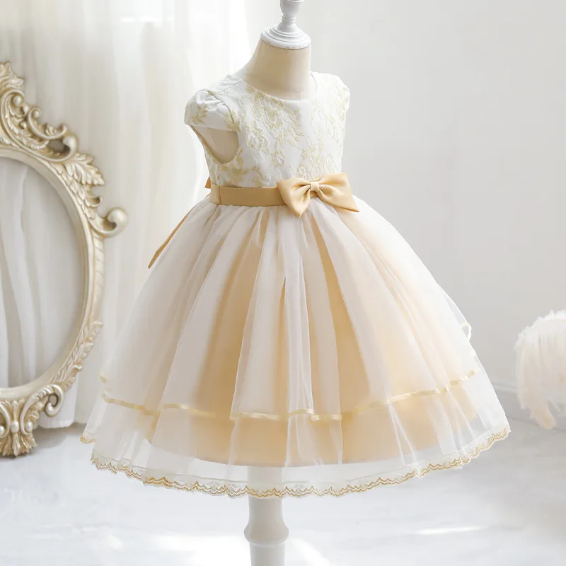 Champagne Baby Girl Summer Dress Embroidery Tulle Toddler Party Layers 1 Year Birthday Princess Formal Gowns Child Kids Clothes