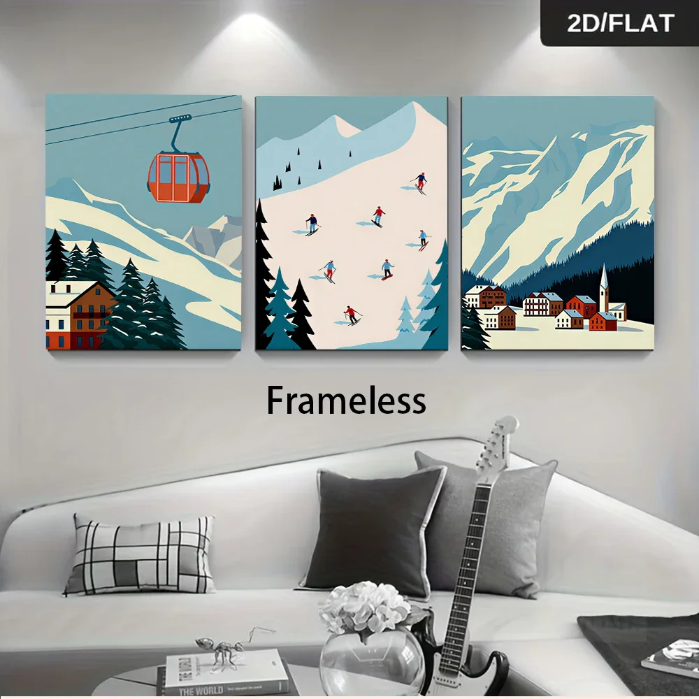 Multiple sizes 3pcs frameless Canvas Paintingthree-panel frameless ski-themed paintings, featuring a snow-capped mountain cable