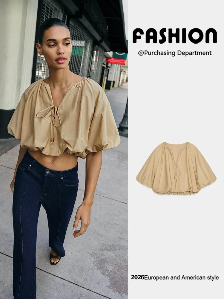 

Spring New Arrival Women's Fashionable round Neck Short Sleeve Balloon Style Short Top Versatile Casual Wear