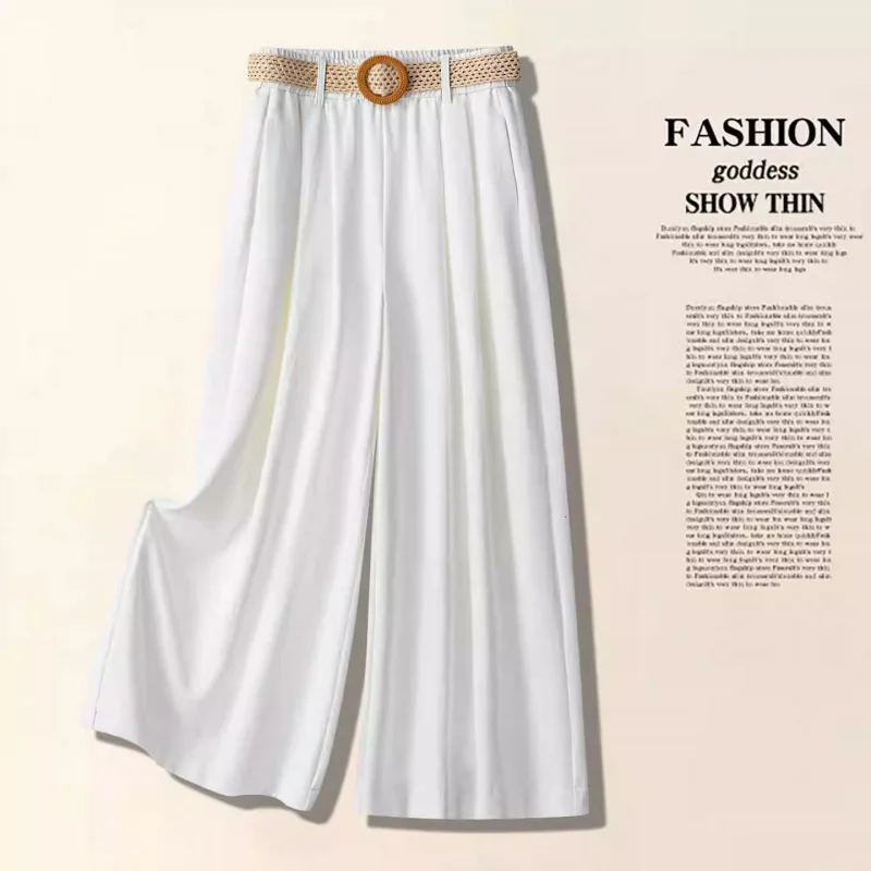 بنطال برتقالي مريح واسع الساق للنساء، سروال صيفي رفيع عالي الخصر للتخسيس ثنيات كاجوال مكون من ثماني نقاط مستقيمة #4