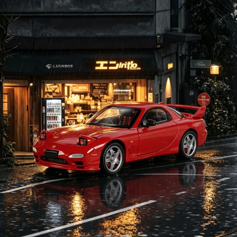 Modèle rétro de voiture de sport en métal moulé sous pression 1:28, RX7, avec fonction de recul, son et lumière, finition soignée, pièce décorative de bureau.