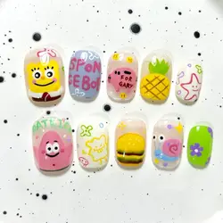 Cartoon Spongebob Short Style False Nails Detachable Hand Painted Manicure Decoration Faux Fingernails Accessories Kid Nail Gift