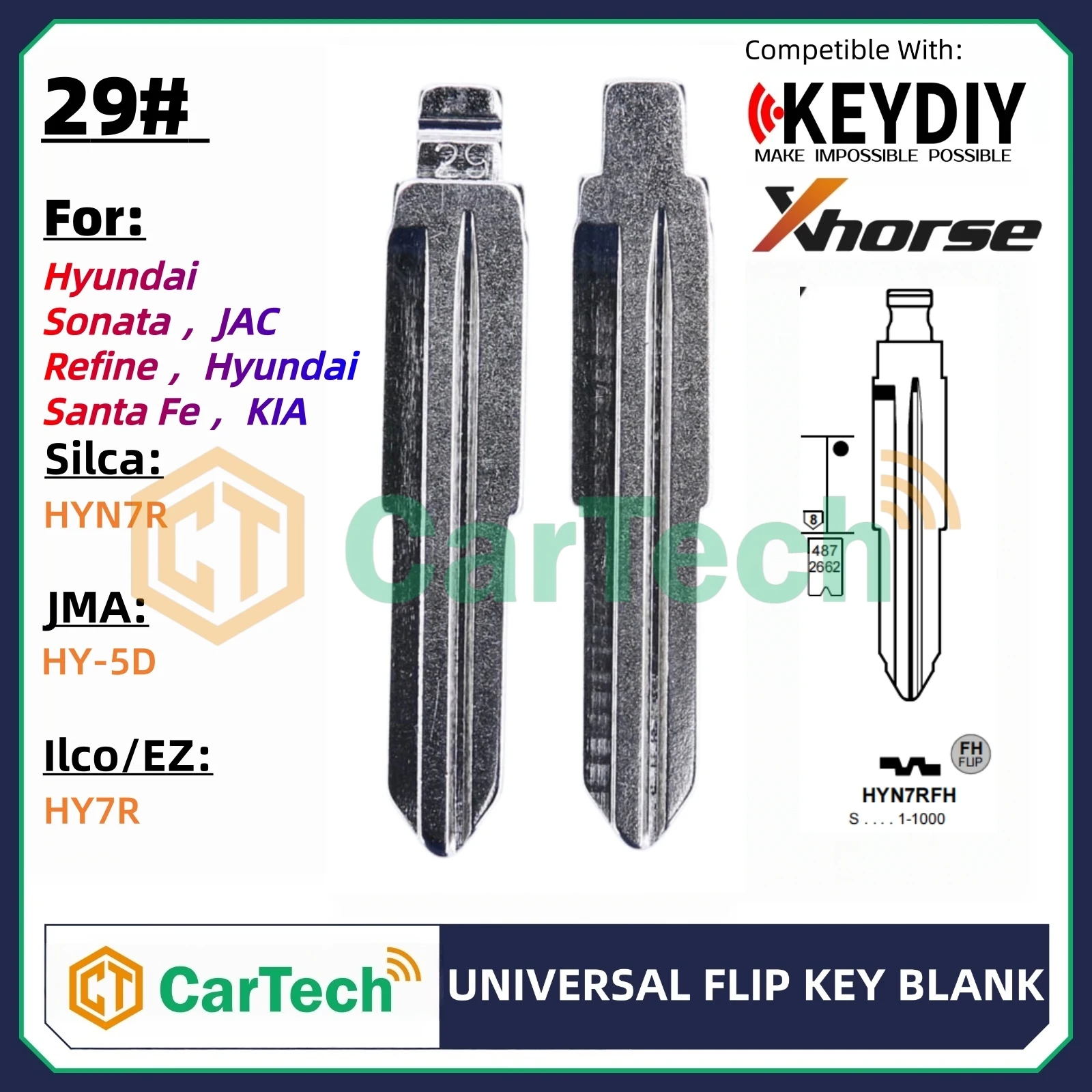 Cartech 29# Uncut Flip Blank Key Blade for KD VVDI Universal Remote Fit Hyundai Sonata JAC Refine Hyundai Santa Fe KIA