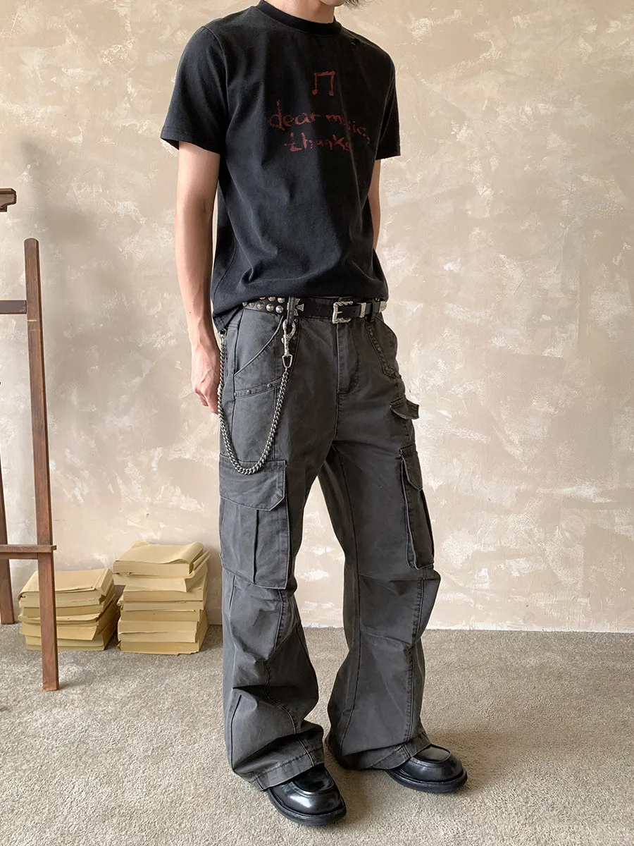 Retro American High Street Vintage Washed Cargo Pants with Rivets Heavy Duty Multi Pockets Flared Workwear Trousers for Men A...
