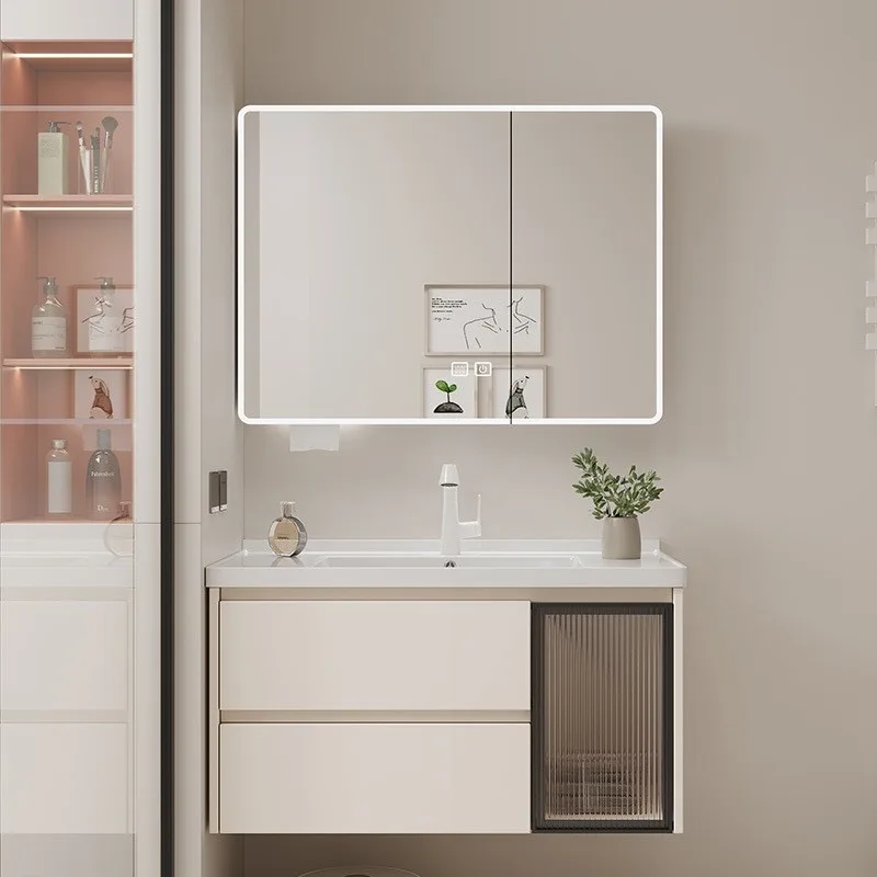 

Cream Wind Dresser Slate Bathroom Mirror with Cabinet Double Drawer Basin Cabinet Set