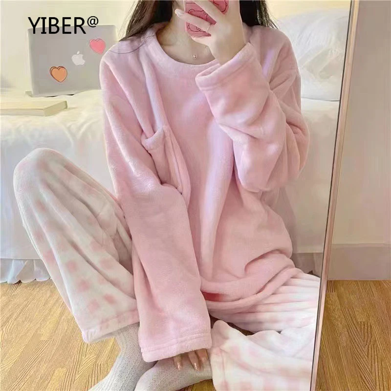 Fleece Thick Warm Winter Women\'s Pajamas Set Sleepwear Casual Solid Top and Plaid Pants Soft Pijamas Set for Women Home Suit