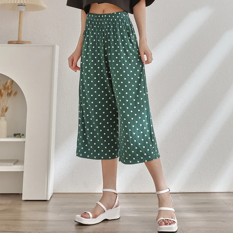 Zomer Casual Dames Losse Broek Dot Print Cropped Wijde Pijpen Grote Maat All-Match Broek Comfortabele Modale Thuisbroek