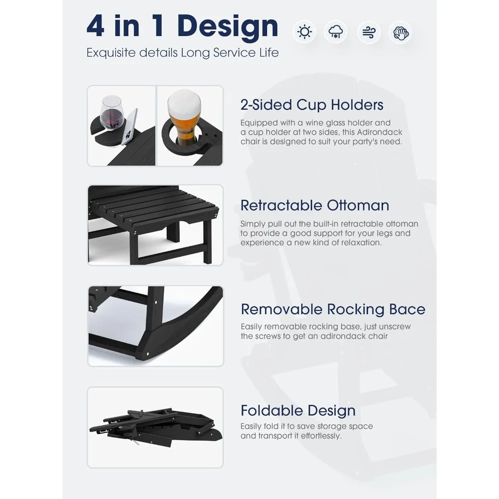 Set di 2 sedie a dondolo Adirondack con pouf retrattile e portabicchieri da patio per portico balcone nero HDPE