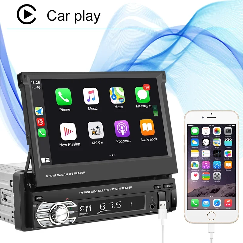 Podobo Single Din Carplay Car Radio Auto Stereo 7 Retractable Touch Screen Autostereo BT FM Aux Input USB Support AHD Camera