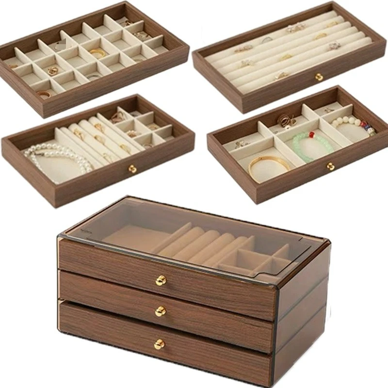 

Simple Three-layer Drawer Jewelry Storage Boxes Walnut Pattern Large Capacity Necklace Earrings Box Cover Jewelry Organizer