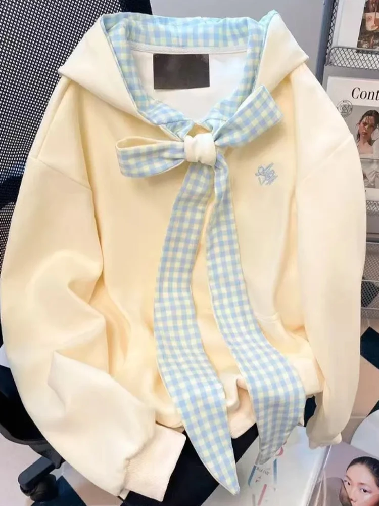 

Корейская высококачественная женская толстовка в клетку с капюшоном на завязках, весна-осень, уникальный красивый дизайн, свободный крой, длинный рукав