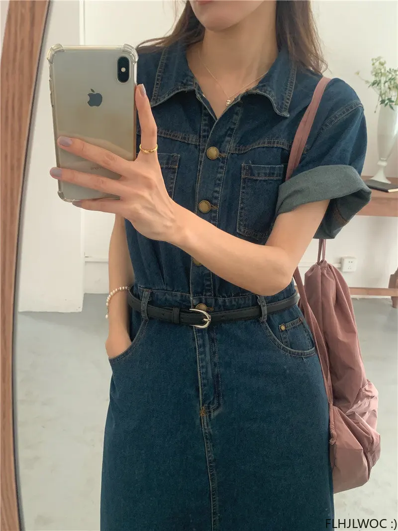 Denim Dresses With Belt Woman Casual Cute Sweet Korea Chic Style Girls Retro Vintage Cotton Jeans Blue Long Denim Shirt Dress