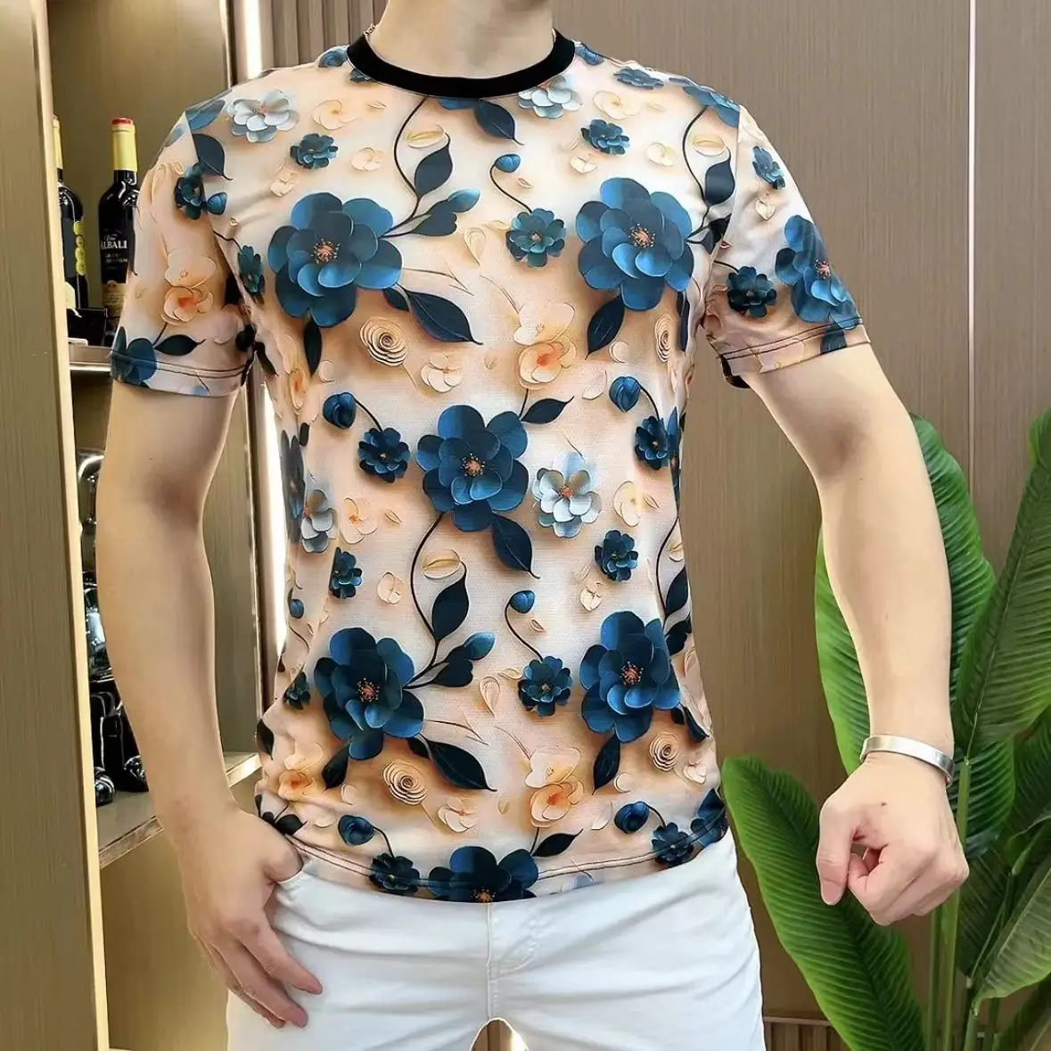 3D Flower T-shirts Men Summer Short Sleeve Casual Tshirts Slim Fit Elastic Breathable O-neck Streetwear Social Tee Tops M-5XL