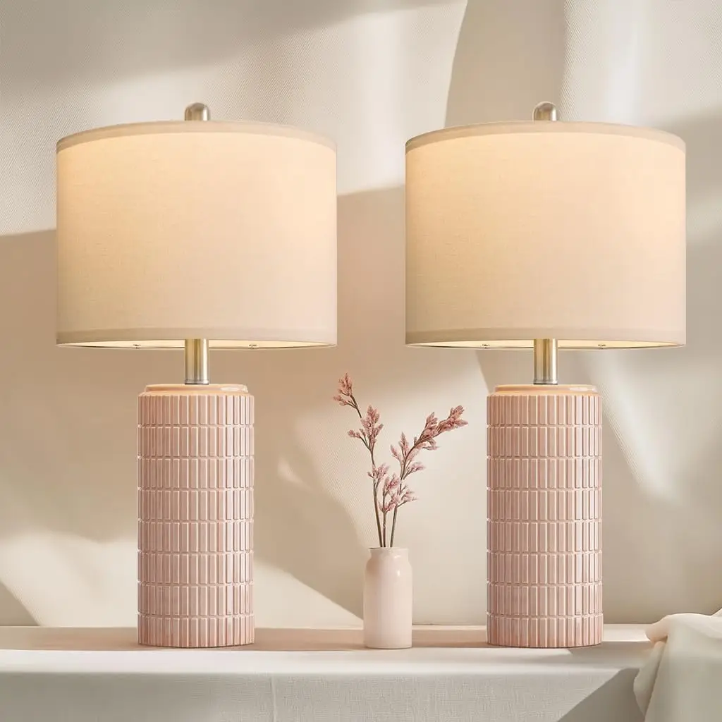 Set di 2 lampade da tavolo in ceramica rosa, lampade da comodino moderne da 23 pollici per la camera delle ragazze e l'arredamento del soggiorno