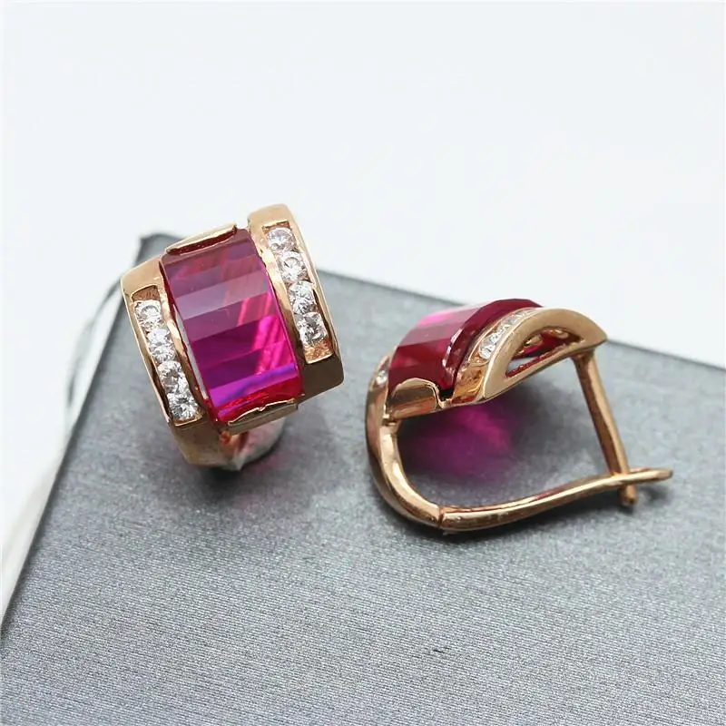 

585 purple gold plated 14K rose gold inlaid geometric ruby crystal fashion earrings for women light luxury wedding jewelry