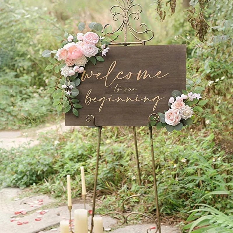 

2pcs Wedding Welcome Sign Floral Artificial Arch Wedding Silk Peony Flowers Wedding Reception Ceremony Decorations