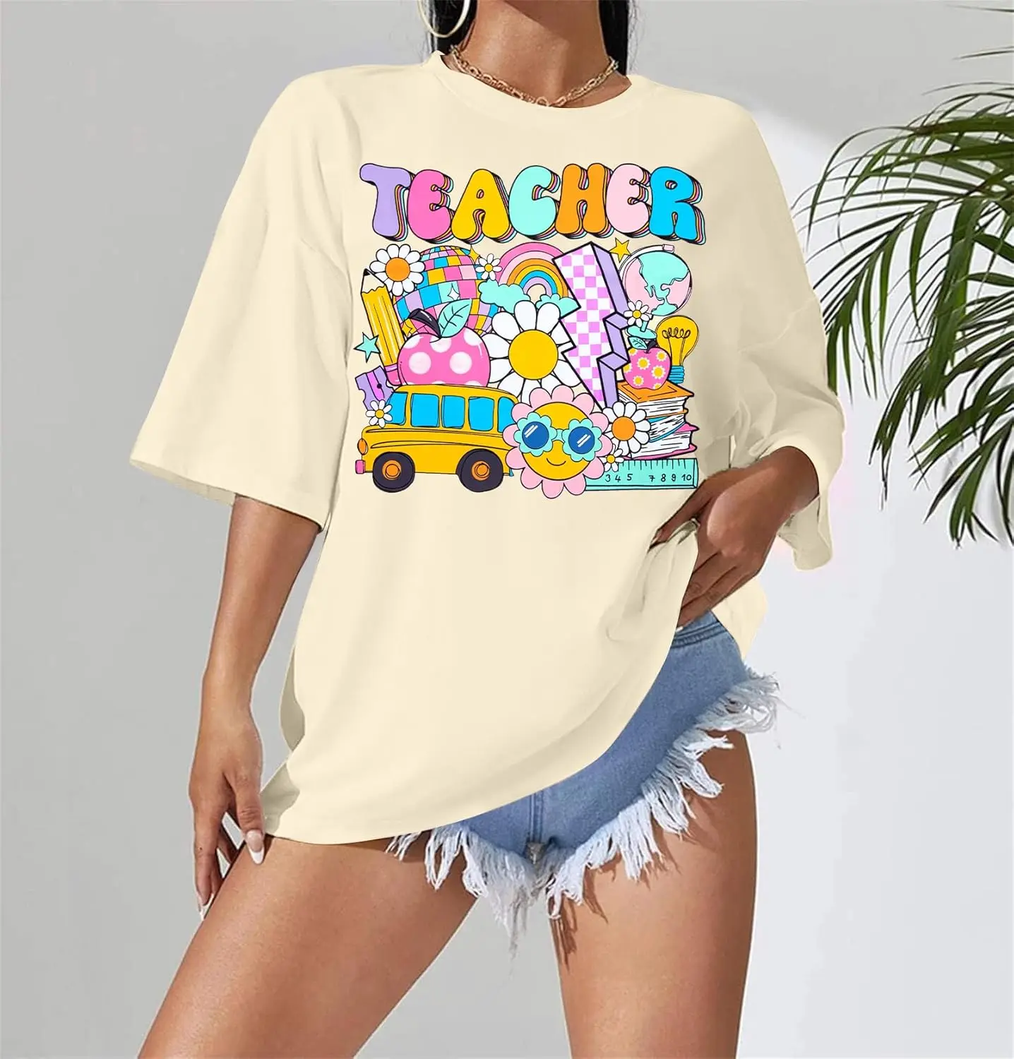 Retro Teacher Shirt for Women Back to School Oversize Shirts Cute Preschool Kindergarten First Day of School Teacher Tee Tops